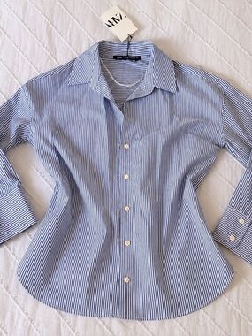 💙 ZARA • Blue + White Striped Oversized Button Down Shirt
